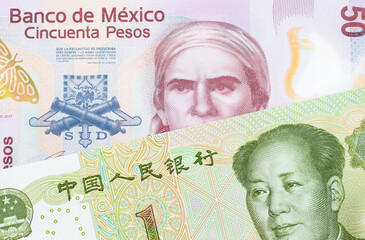 A macro image of a pink, plastic fifty peso bank note from Mexico paired up with a green and white one yuan note from China.  Shot close up in macro.