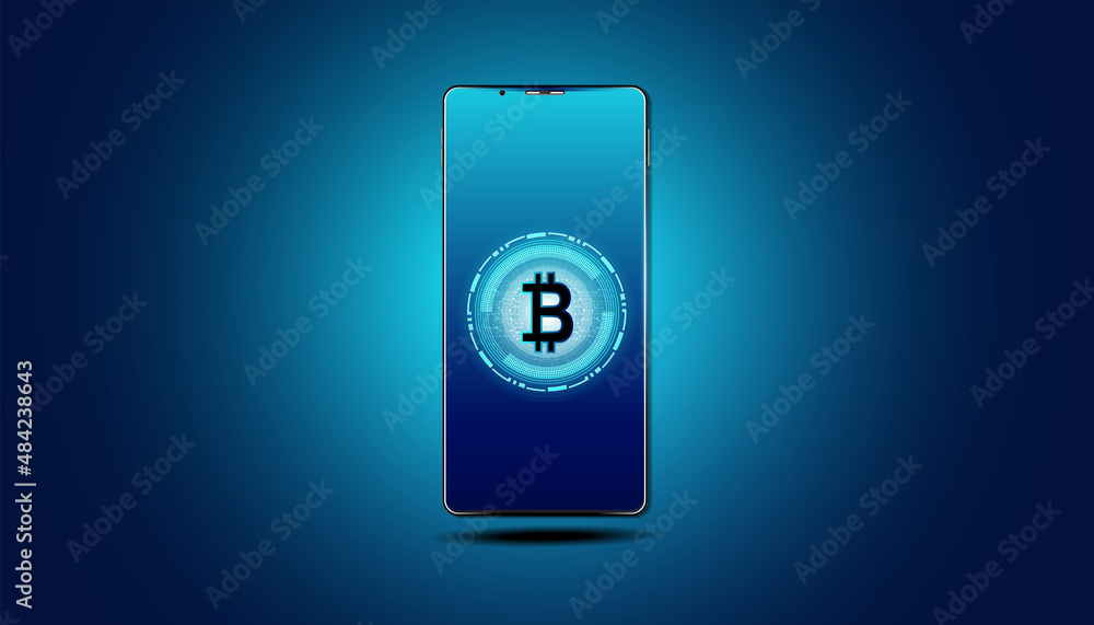 Poster abstract a phone with bitcoins in the phone is the concept of accessing bitcoin financial technology