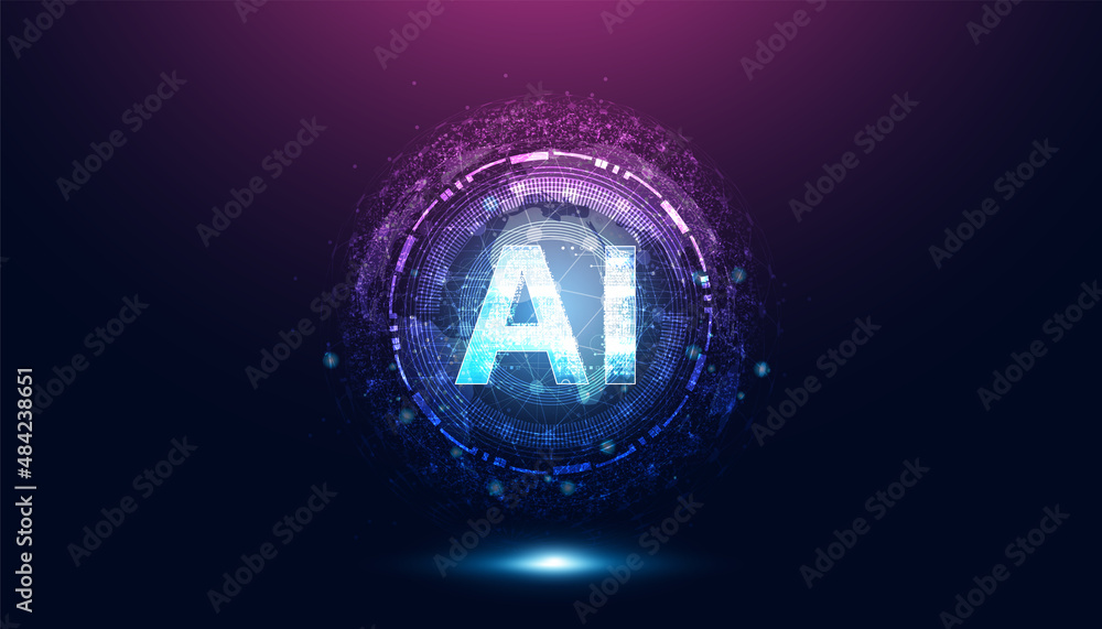 Poster abstract artificial intelligence on atomic and technology background with computer systems circuit b