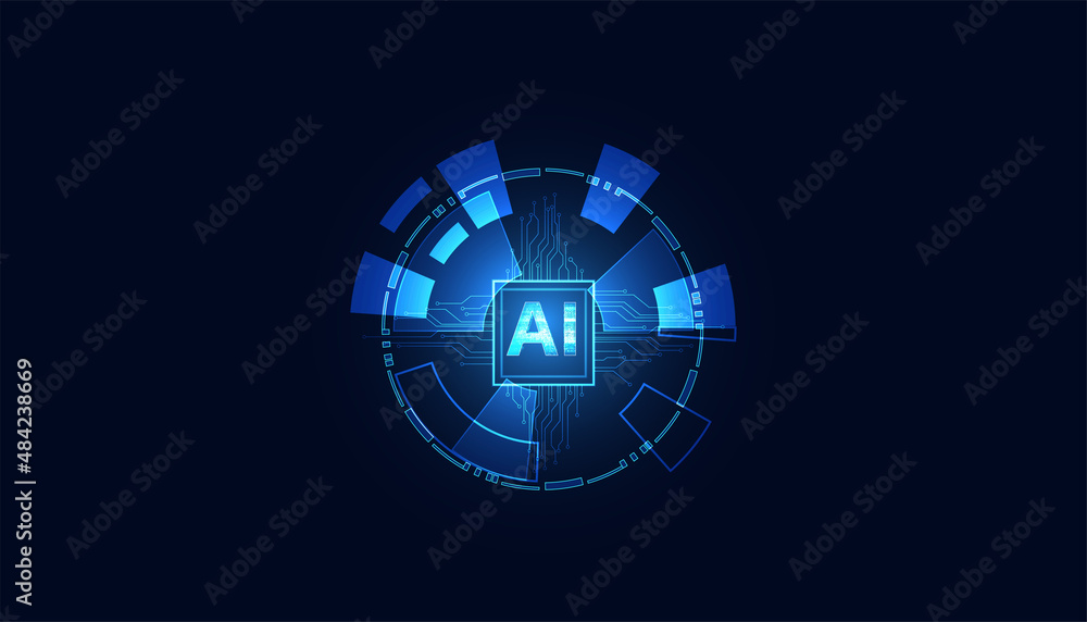 Poster abstract artificial intelligence on atomic and technology background with computer systems circuit b