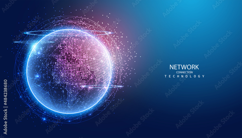 Poster abstract global dot network connection and communication futuristic on blue background.