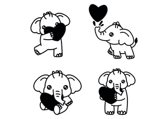 Elephant and heart. Design for St. Valentine day cards. Coloring book pattern. Vector black and white doodle illustration.	

