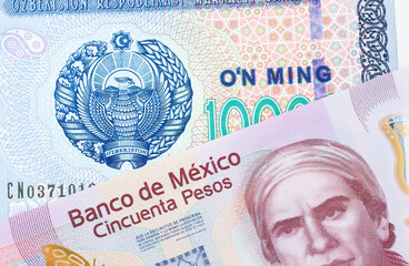 A macro image of a pink, plastic fifty peso bank note from Mexico paired up with a blue, white and green ten thousand som note from Uzbekistan.  Shot close up in macro.
