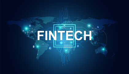 Abstract fintech consists of financial technology, cryptocurrency, cloud business. Connect to the world.