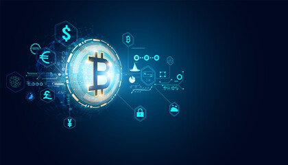 Abstract digital finance in the online world. Bitcoin. Various transactions. Nationwide currency Investing in bitcoins Online transactions Online transactions On the background.