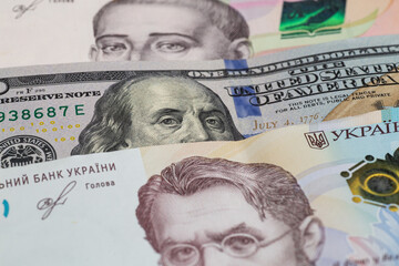 Closeup of different banknotes ukraine hryvnia and dollars money