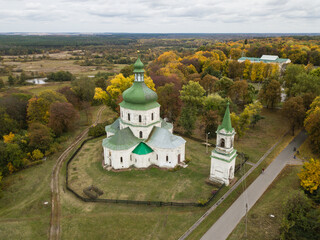 Aerial to village Sedniv and church of the Resurrection Ukraine