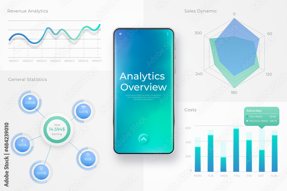 Poster mobile phone with financial analytics elements. interface of the payment system and financial transa