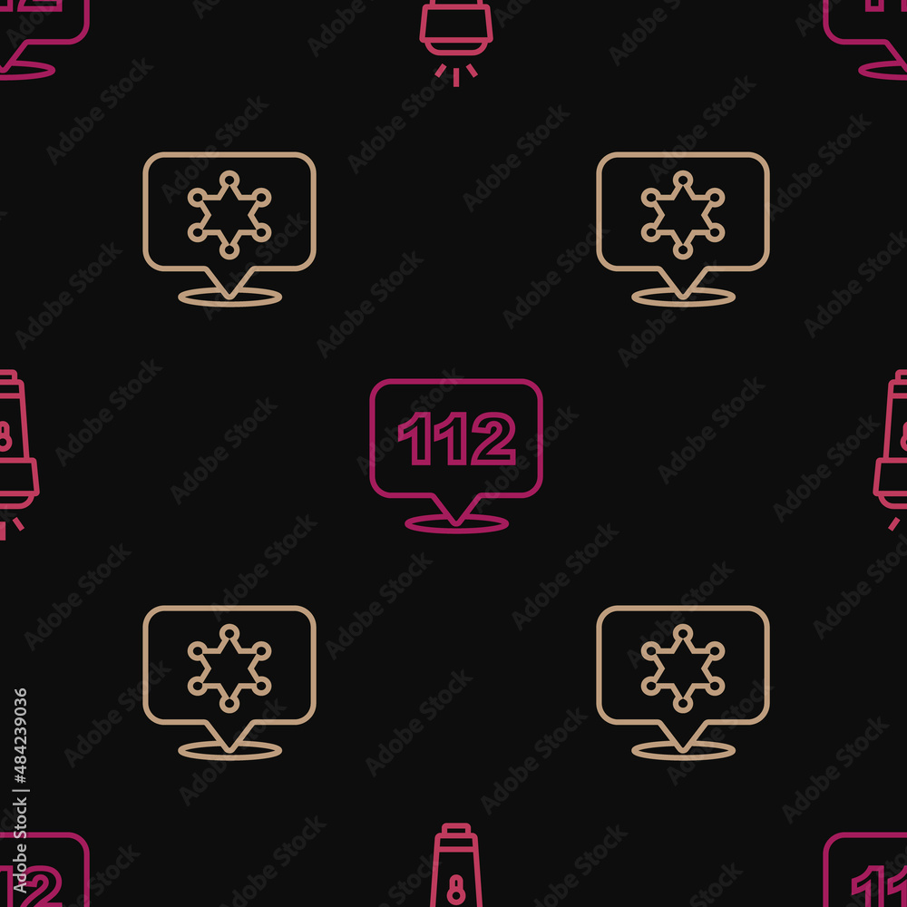 Aufkleber set line flashlight, hexagram sheriff and telephone call 112 on seamless pattern. vector