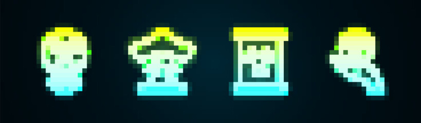 Set line Radioactive, Nuclear explosion, waste in barrel and . Glowing neon icon. Vector