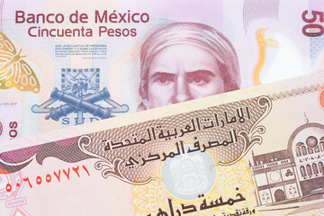 A macro image of a pink, plastic fifty peso bank note from Mexico paired up with a colorful five dinar bank note from the United Arab Emirates.  Shot close up in macro.