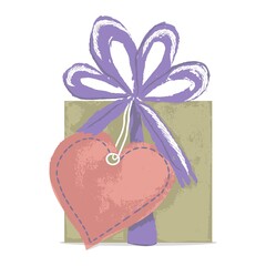 Gift box with big bow and heart shaped tag. Vector holiday clipart isolated on transparent background