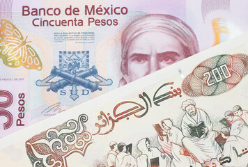 A macro image of a pink, plastic fifty peso bank note from Mexico paired up with a beige 200 Algerian dinar bank note.  Shot close up in macro.