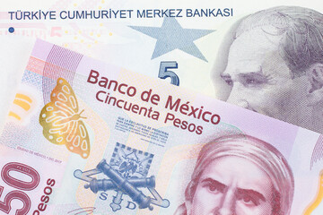 A macro image of a pink, plastic fifty peso bank note from Mexico paired up with a purple, five lira bank note from Turkey.  Shot close up in macro.