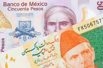 A macro image of a pink, plastic fifty peso bank note from Mexico paired up with a orange and green 20 rupee note from Pakistan.  Shot close up in macro.