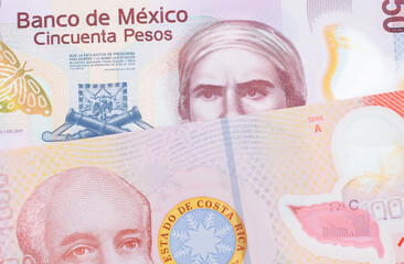 A macro image of a pink, plastic fifty peso bank note from Mexico paired up with a colorful red one thousand colones bank note from Costa Rica.  Shot close up in macro.