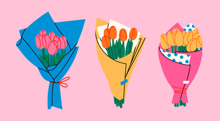 Three bouquets of Tulips. Bouquet of spring fresh flowers wrapped in gift paper. Beautiful lush tulips for Mother's Day. Holiday floral decor. Hand drawn Vector set. Colorful isolated illustrations