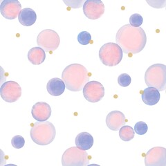 Watercolor texture. Aquarelle circles in pastel colors. Seamless pattern. Watercolor pink, and golden spots isolated on white background.