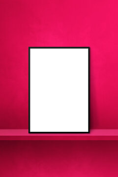Black picture frame leaning on a pink shelf. 3d illustration. Vertical background