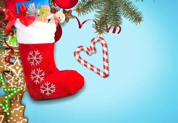 Christmas Red boot with sweets, cookies and gifts