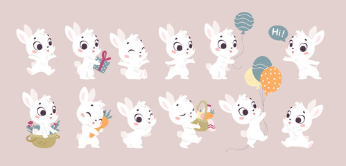 Collection of cute little white baby bunny with balloons, sit, jump, carry gift, basket, carrot isolated. Hare character bundle. Vector flat illustration for cards, kid prints, banners design.