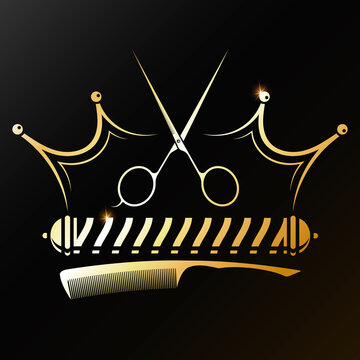 Golden barbershop crown. Scissors and comb barber tool. Barbershop and hair salon gold symbol