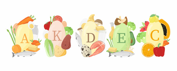 Set of foods rich in vitamins for immunity. Cartoon, flat vector illustration. Vitamin A, E, D, K, C for health. Good food. Vitamin complex on a white background