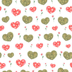 Watercolor seamless pattern with knitted heart, flowers and red heart with white spots. Cute symbols of love painted watercolor. Isolated on  a white background.