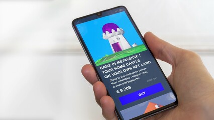 Invest in WEB3 hype digital property real estate NFT on a tokenized plot of metaverse. Digital house and land in Meta. Token's a digital collectible in web3 and "web 3.0" horizon world.