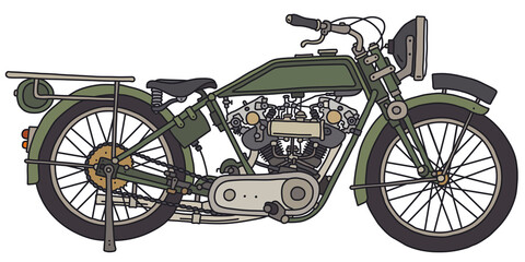 The hand drawing of a vintage green motorcycle