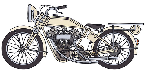 The hand drawing of a vintage light cream motorcycle