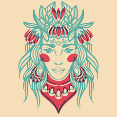 Stylized portrait of a beautiful girl with flowers in her hair drawn by lines. Vector illustration. Riso print effect