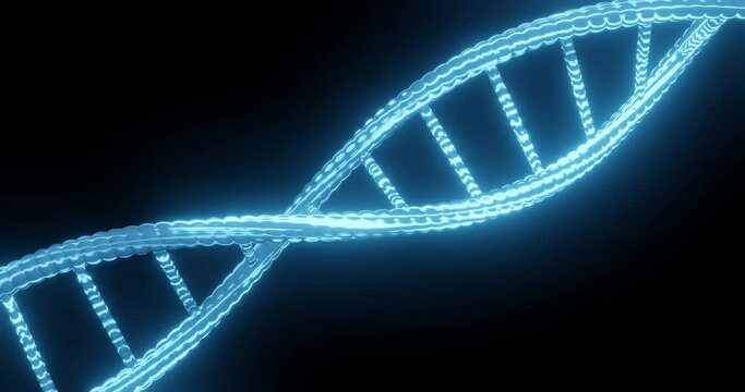 Blue light DNA spinning animation loop 30 fps on black background. 3d rendering.