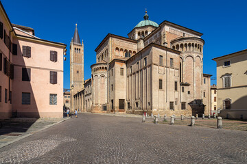 Fototapeta na wymiar Rear view of Parma Cathedral, the most iconic landmark of Parma historic center, Emilia Romagna, Italy