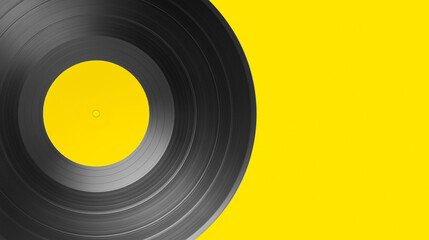 Vinyl record on yellow background with copy space. Yellow label mock up