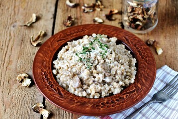 mushroom and barley risotto, Orzotto, barley porridge with dried porcini mushrooms, country style