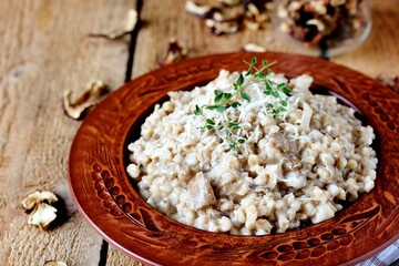 mushroom and barley risotto, Orzotto, barley porridge with dried porcini mushrooms, country style