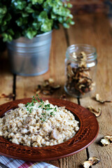 mushroom and barley risotto, Orzotto, barley porridge with dried porcini mushrooms, country style