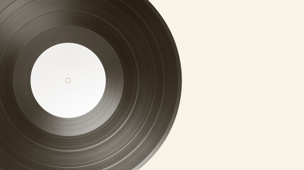 Vinyl record on beige background with copy space. White label mock up