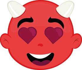 Vector illustration of the face of a little devil with heart-shaped eyes, concept of love and valentine