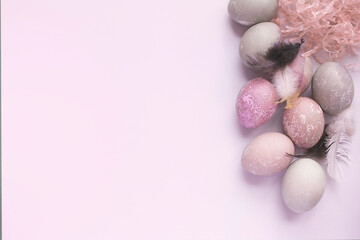 eggs.light background. colorful eggs. The minimal concept. Top view. An Easter card with a copy space