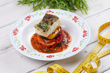 white fish with grilled vegetables