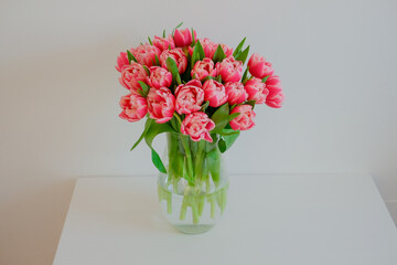 a bunch of pink tulips on the white table