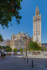 A view on the historic La Giralda tower in the heart of Seville surrounded with the typical orange trees. This iconic landmark can be seen throughout the city. 