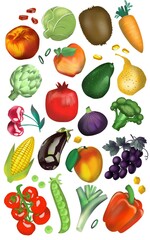 set of vegetables and fruits hand drawn isolated. Hand drawn colorful collection.  Peach, cabbage, kiwi, carrot, artichoke, apple, avocado, pear, pomegranate, cherry, fig, broccoli, corn, eggplant