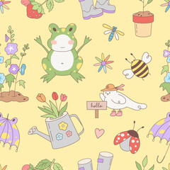 Easter seamless pattern with spring vector elements -   beetles, dragonfly, bee, sprouts, seedlings, adorable, flowers, bird, watering can, umbrella, rubber boots.  Yellow background.