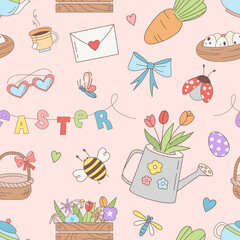 Easter seamless pattern with spring vector elements -   envelope, letter, carrot, bow, ladybug, bee, basket, flowers, heart, nest, dragonfly, tea. Rustic, decorative celebration repeat illustration