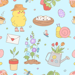 Easter seamless pattern with spring vector elements -  chick, straw hat, nest, eggs, snail, butterfly, flowers, seedlings, watering can, easter egg, strawberry. Rustic, carefree childhood happy print.