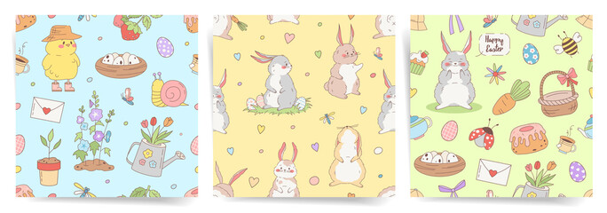 Spring seamless patterns set with easter bunnies and cartoon spring elements. 