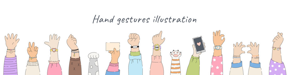 hand gestures illustration set. Vector cute doodle cartoon female and male hands in different clothes, watches and accessories. Japanese style drawing.